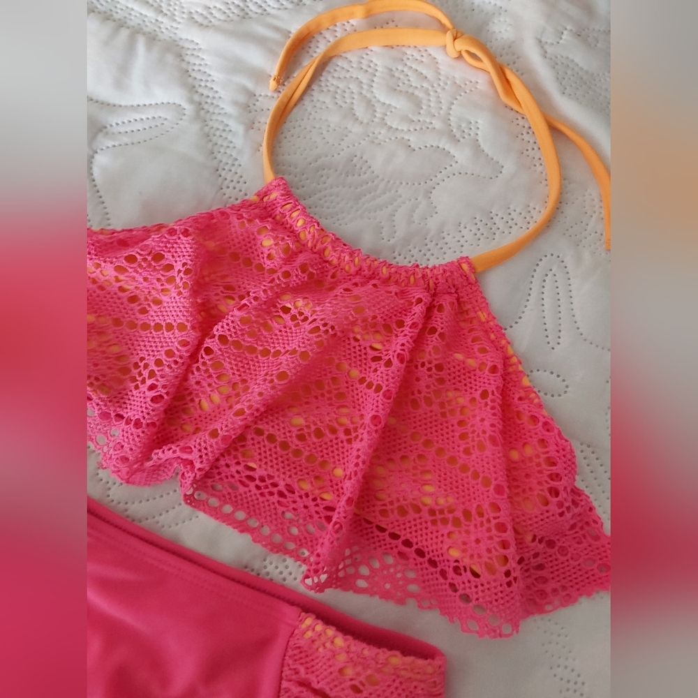 Justice Cat & Jack Swimsuit, Girl's Hot Pink Halter Bikini Set, Size Medium 7/8 - Picture 2 of 8